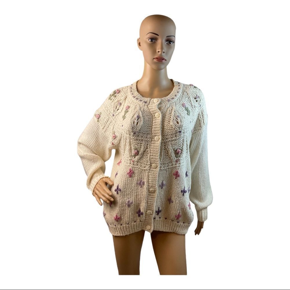 Needles & Yarn Women's Cardigan Sweater Ivory Floral Embroidered Size Medium